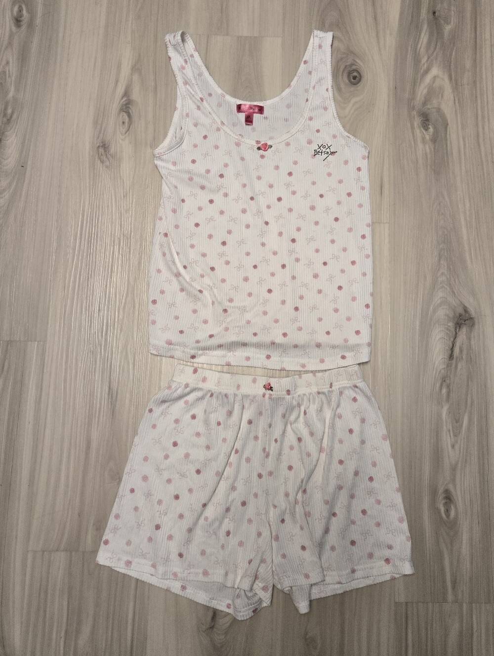 Betsey Johnson Ribbed Knit Pajama Set - Pink Bow & Polka Dot Print - Size M